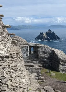 Stone walls of the monastery on Skellig Michael looking out to Little Skellig