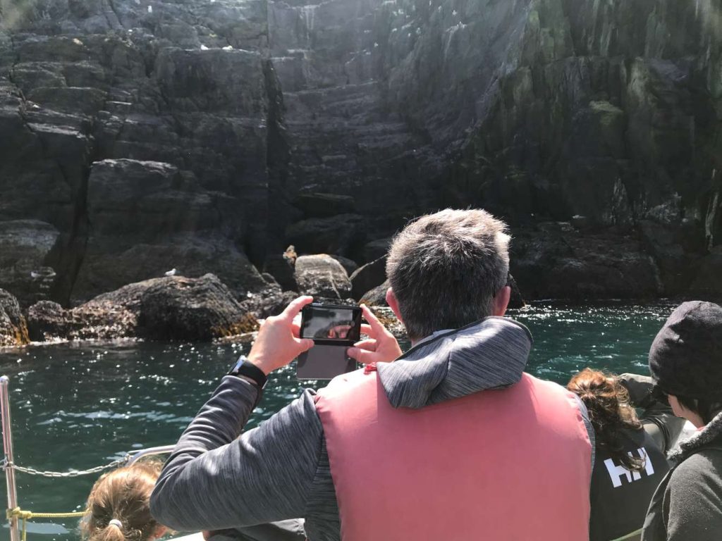Tourists on a Skellig Michael boat tour photograph the dramatic cliffs of the Skellig Islands. Seabirds are visible on the rocks.