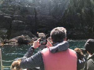 Tourists on a Skellig Michael boat tour photograph the dramatic cliffs of the Skellig Islands. Seabirds are visible on the rocks. 